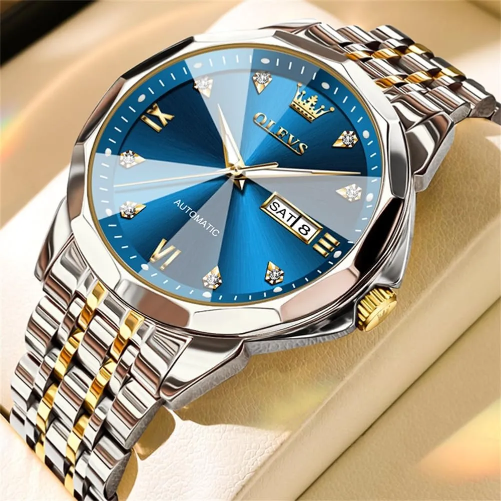 Waterproof Day/Date Calendar OLEVS Watch for Men Automatic Classic Mechanical Watch exogenous scrub Diamond Mirror Stainless Steel Dress Casual 