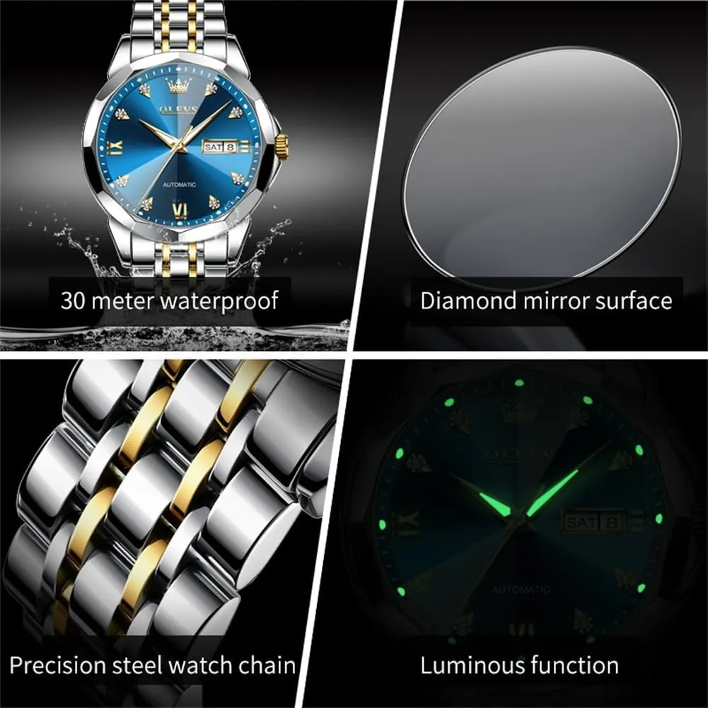 Waterproof Day/Date Calendar OLEVS Watch for Men Automatic Classic Mechanical Watch exogenous scrub Diamond Mirror Stainless Steel Dress Casual 