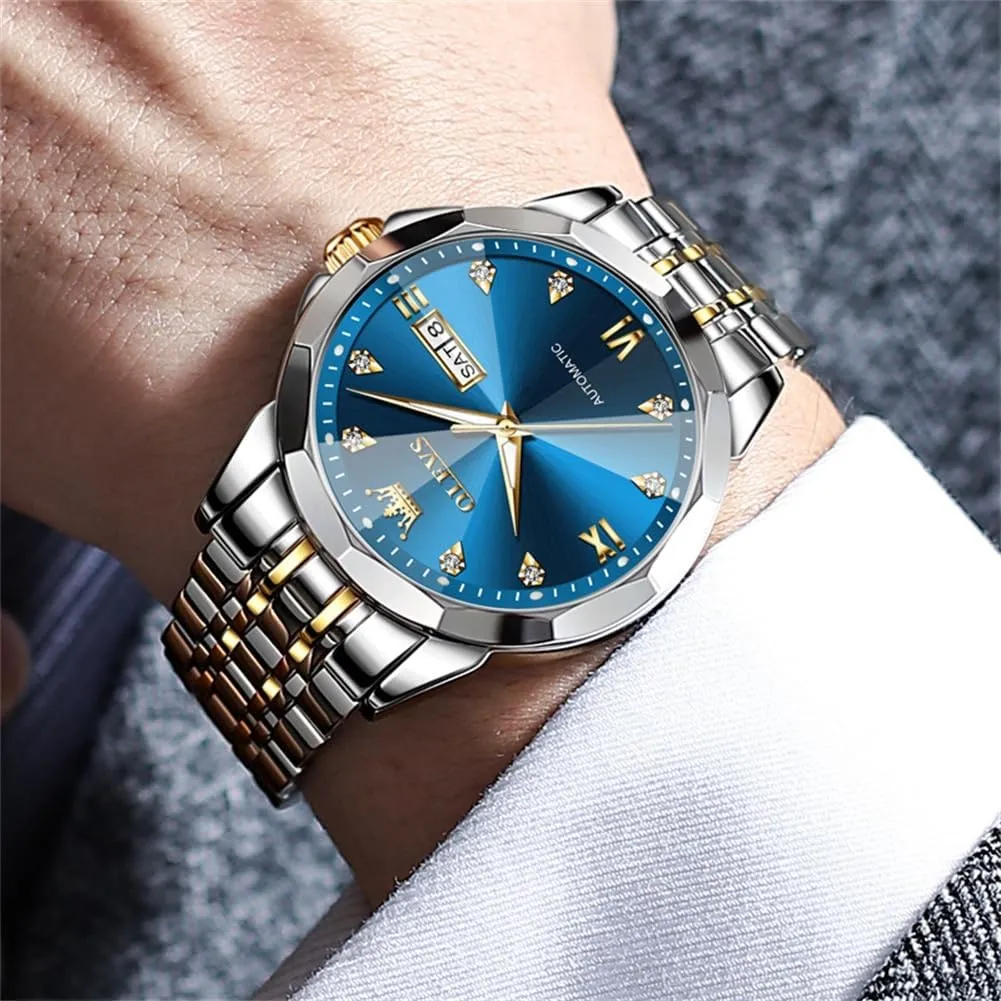Waterproof Day/Date Calendar OLEVS Watch for Men Automatic Classic Mechanical Watch exogenous scrub Diamond Mirror Stainless Steel Dress Casual 