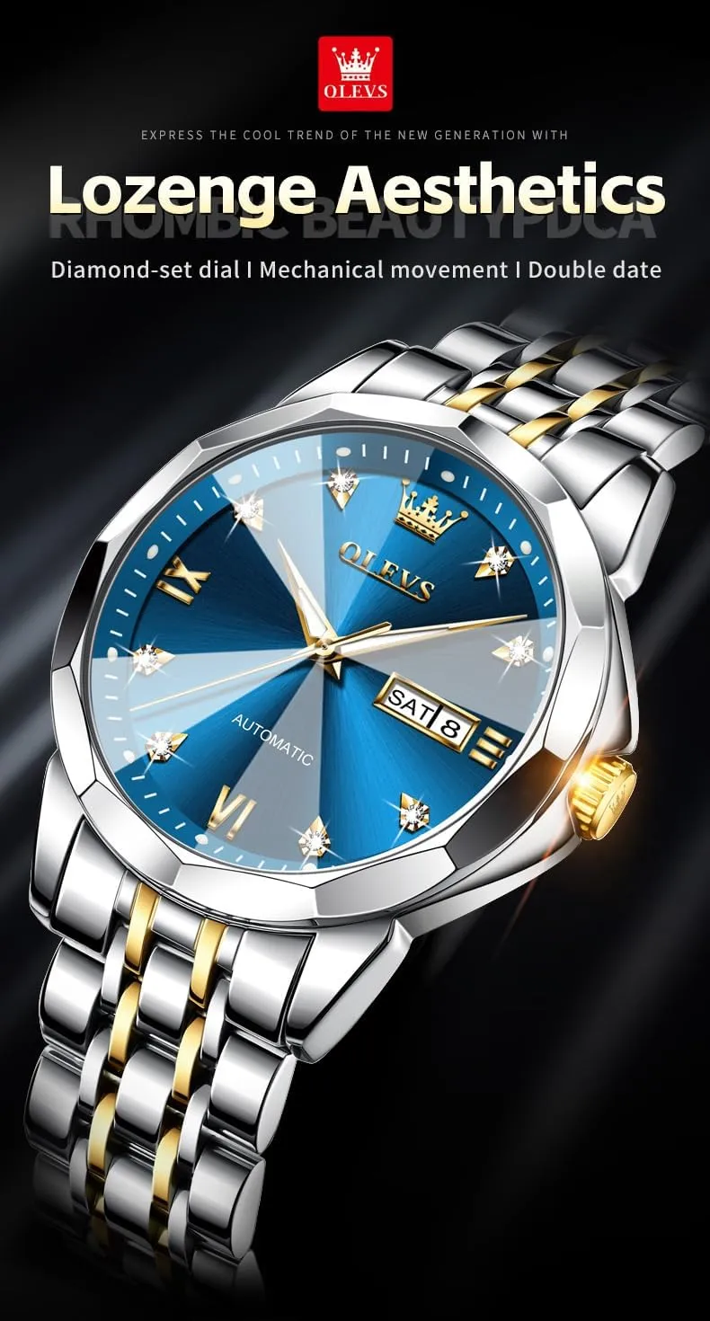 Waterproof Day/Date Calendar OLEVS Watch for Men Automatic Classic Mechanical Watch exogenous scrub Diamond Mirror Stainless Steel Dress Casual 