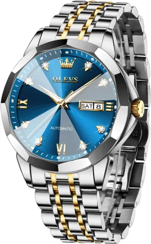 Waterproof Day/Date Calendar OLEVS Watch for Men Automatic Classic Mechanical Watch exogenous scrub Diamond Mirror Stainless Steel Dress Casual 