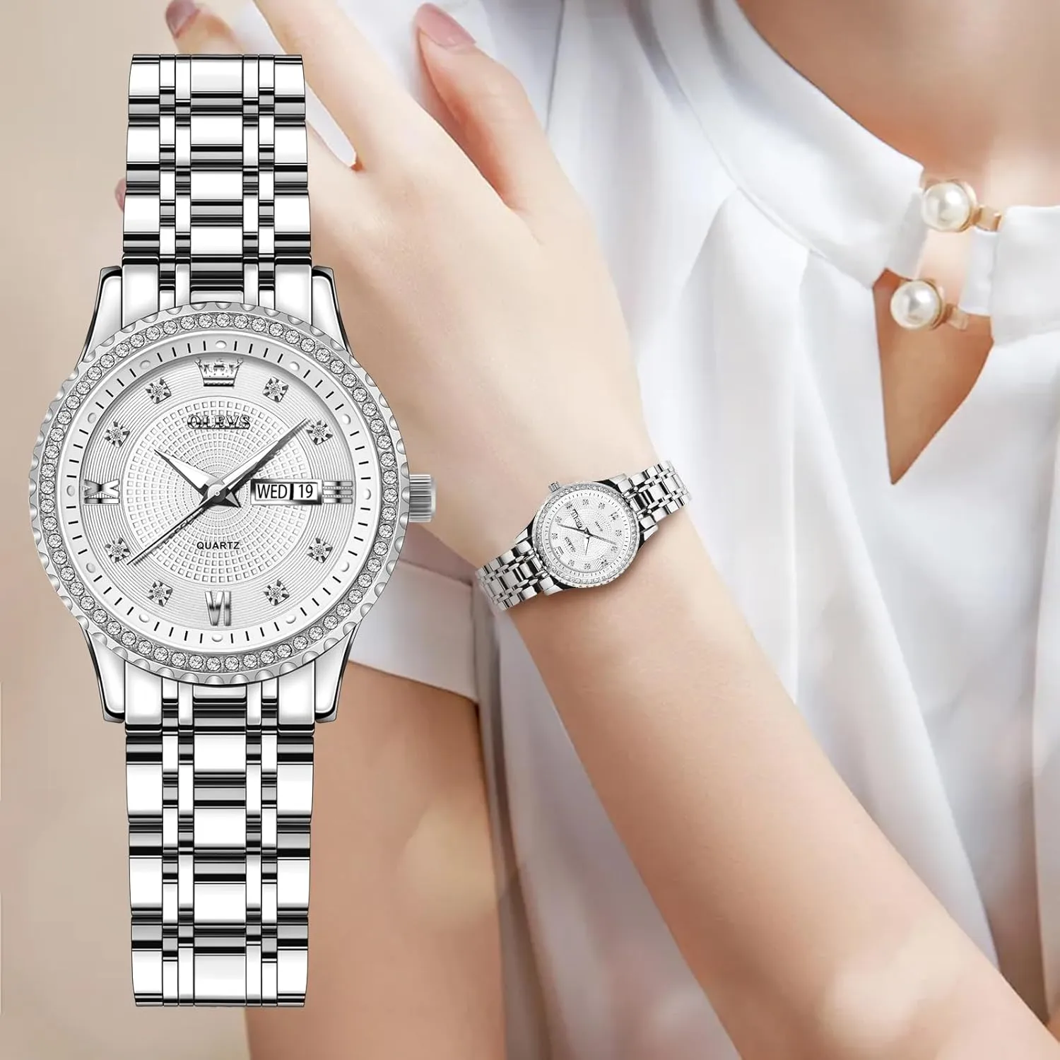 Waterproof Elegant Dress Quartz Analog Women's Wrist Watches Reloj de Mujer OLEVS Watches Women with Date Silver reside Stainless Steel Luxury Ladies Watches with Small Writs Diamond Watches for Women 