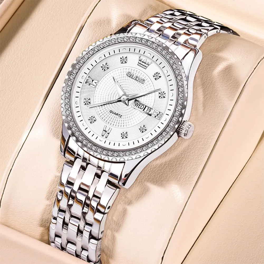 Waterproof Elegant Dress Quartz Analog Women's Wrist Watches Reloj de Mujer OLEVS Watches Women with Date Silver reside Stainless Steel Luxury Ladies Watches with Small Writs Diamond Watches for Women 