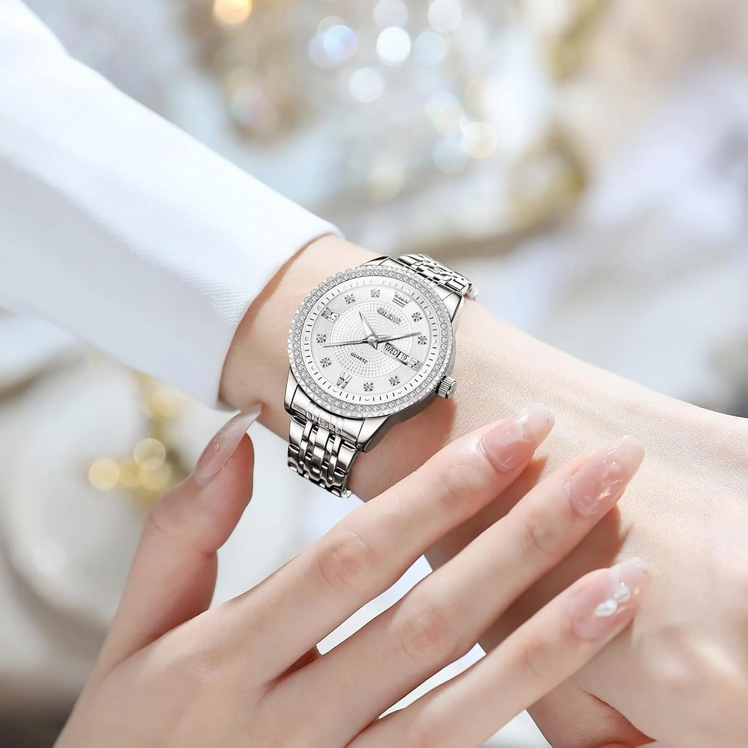 Waterproof Elegant Dress Quartz Analog Women's Wrist Watches Reloj de Mujer OLEVS Watches Women with Date Silver reside Stainless Steel Luxury Ladies Watches with Small Writs Diamond Watches for Women 
