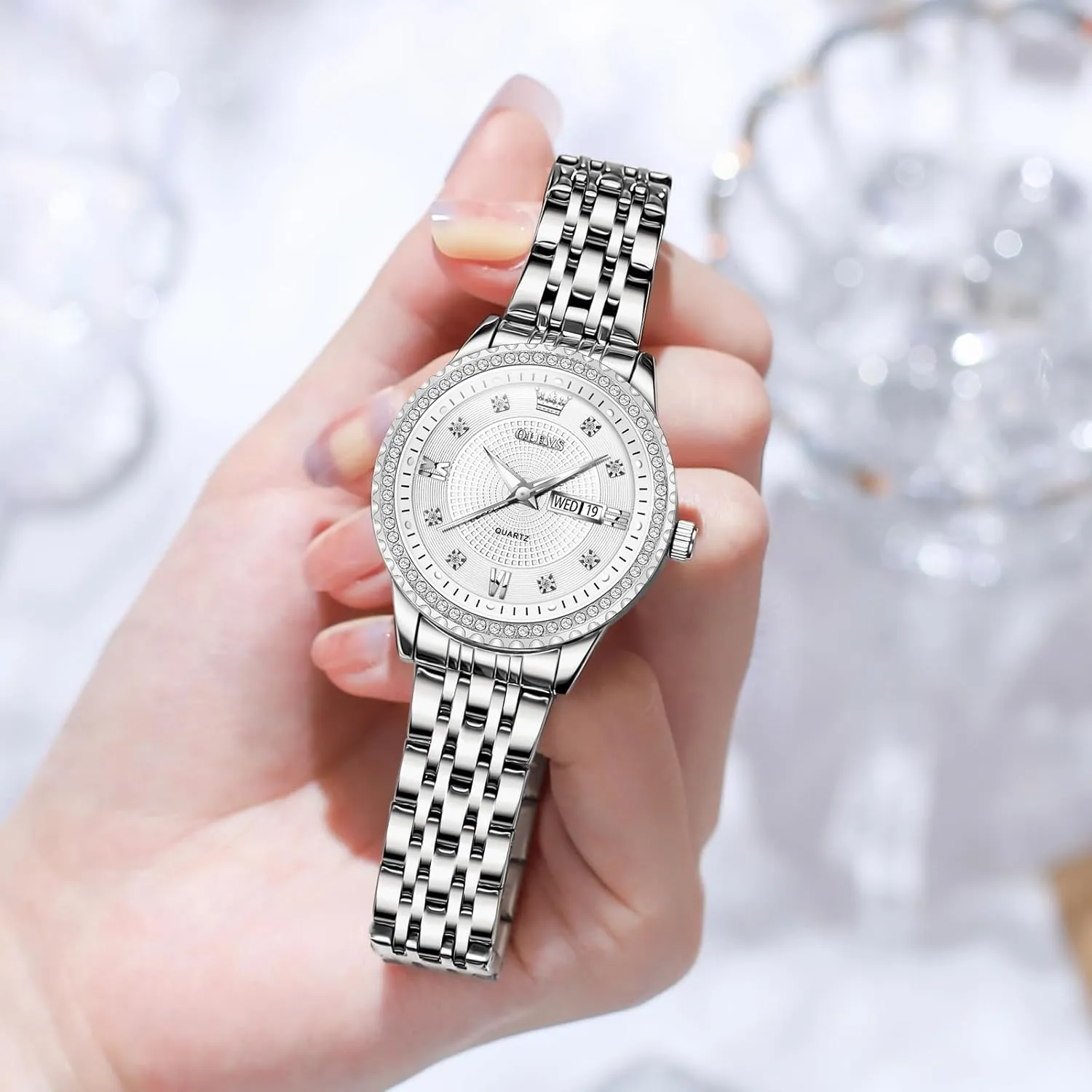 Waterproof Elegant Dress Quartz Analog Women's Wrist Watches Reloj de Mujer OLEVS Watches Women with Date Silver reside Stainless Steel Luxury Ladies Watches with Small Writs Diamond Watches for Women 
