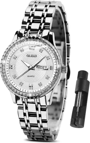 Waterproof Elegant Dress Quartz Analog Women's Wrist Watches Reloj de Mujer OLEVS Watches Women with Date Silver reside Stainless Steel Luxury Ladies Watches with Small Writs Diamond Watches for Women 