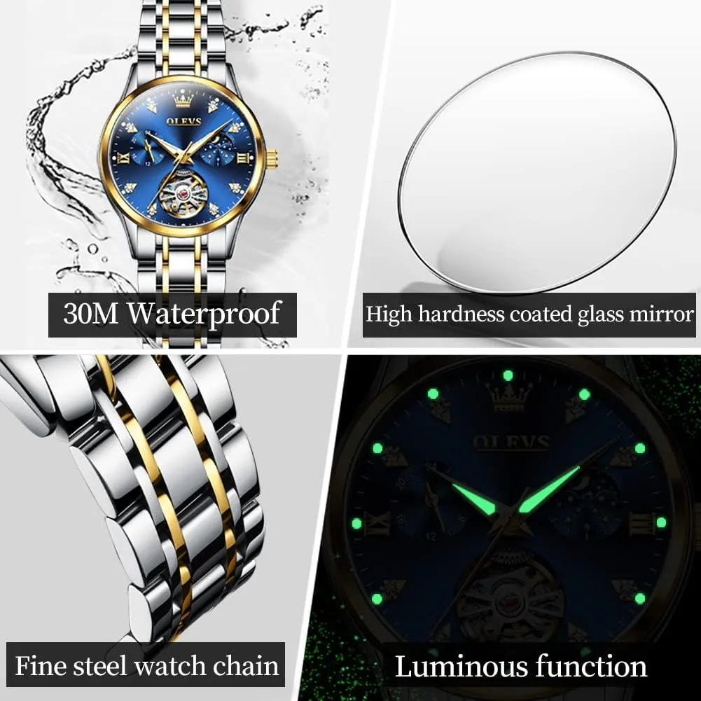 Waterproof Luminous Blue dial ?? OLEVS Women's Automatic Watch Luxury wavy nourish classify Diamond Self Winding Dress Wrist Watch Moon Phase Stainless Steel 