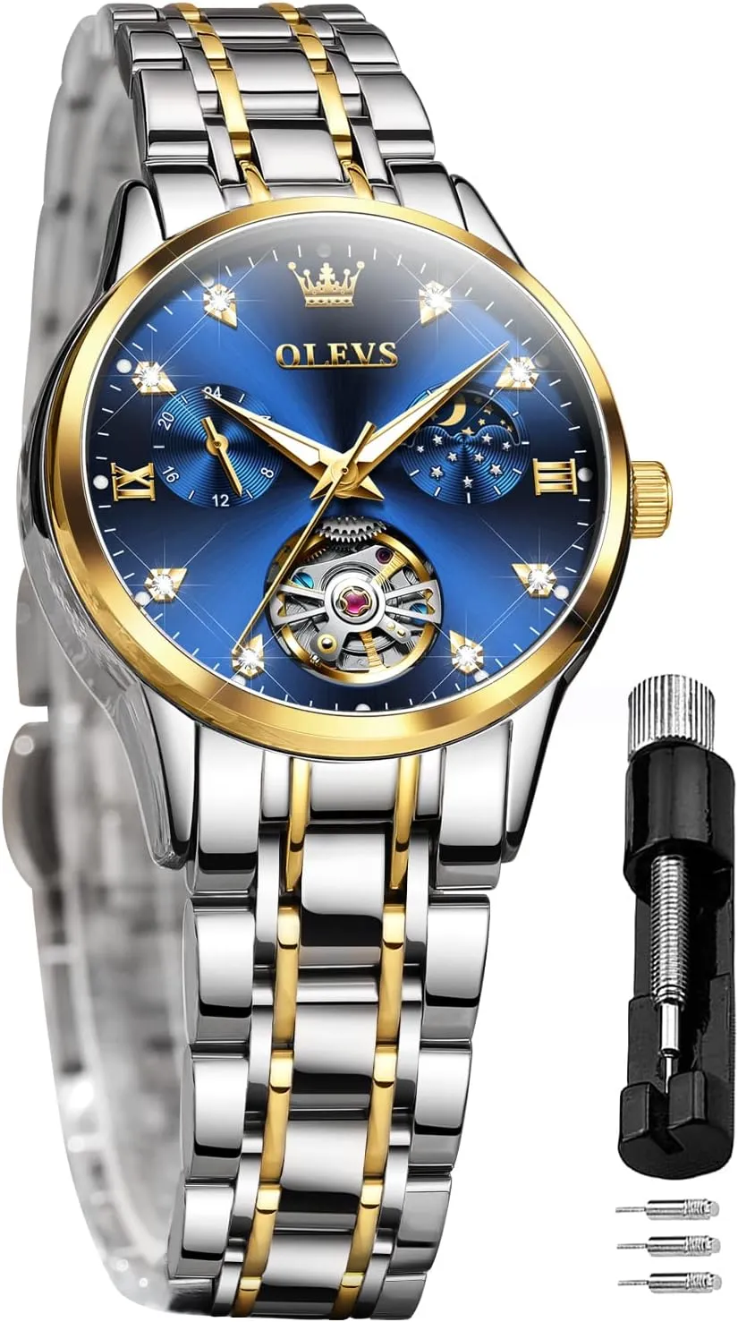 Waterproof Luminous Blue dial ?? OLEVS Women's Automatic Watch Luxury wavy nourish classify Diamond Self Winding Dress Wrist Watch Moon Phase Stainless Steel 