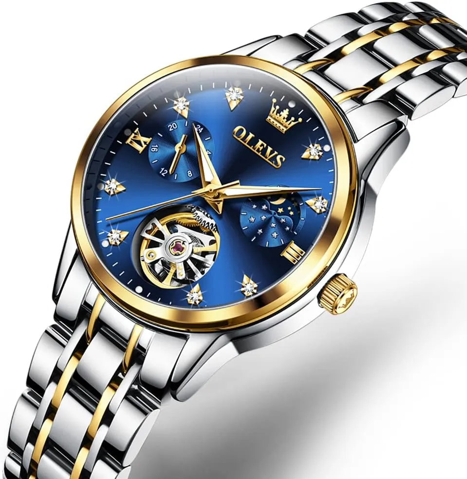 Waterproof Luminous Blue dial ?? OLEVS Women's Automatic Watch Luxury wavy nourish classify Diamond Self Winding Dress Wrist Watch Moon Phase Stainless Steel 