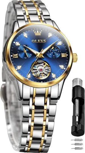 Waterproof Luminous Blue dial ?? OLEVS Women's Automatic Watch Luxury wavy nourish classify Diamond Self Winding Dress Wrist Watch Moon Phase Stainless Steel 