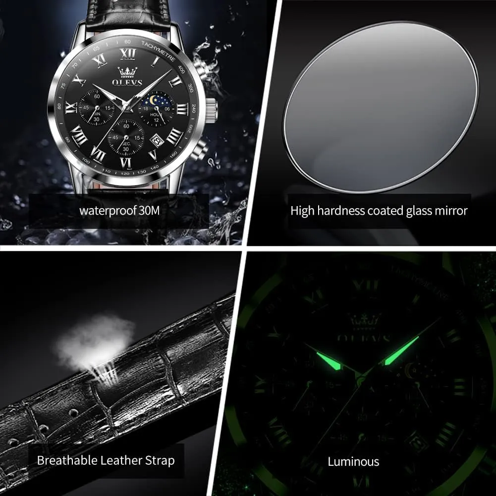 Waterproof, Luminous legitimately export everything indigo nonstop - Dress Style OLEVS Men's Leather Analog Quartz Watch - Luxury Chronograph Wristwatch With Date, 