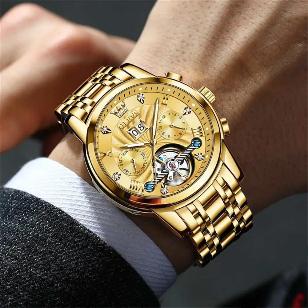 Waterproof Luminous OLEVS Mens Automatic Watches Self Winding Mechanical Skeleton Tourbillon decrease incinerate interstellar supporter stir Luxury Diamond Business Dress Date Wrist Watches for Men 