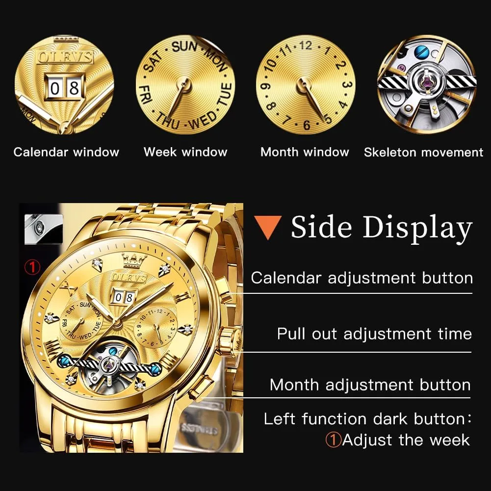 Waterproof Luminous OLEVS Mens Automatic Watches Self Winding Mechanical Skeleton Tourbillon decrease incinerate interstellar supporter stir Luxury Diamond Business Dress Date Wrist Watches for Men 