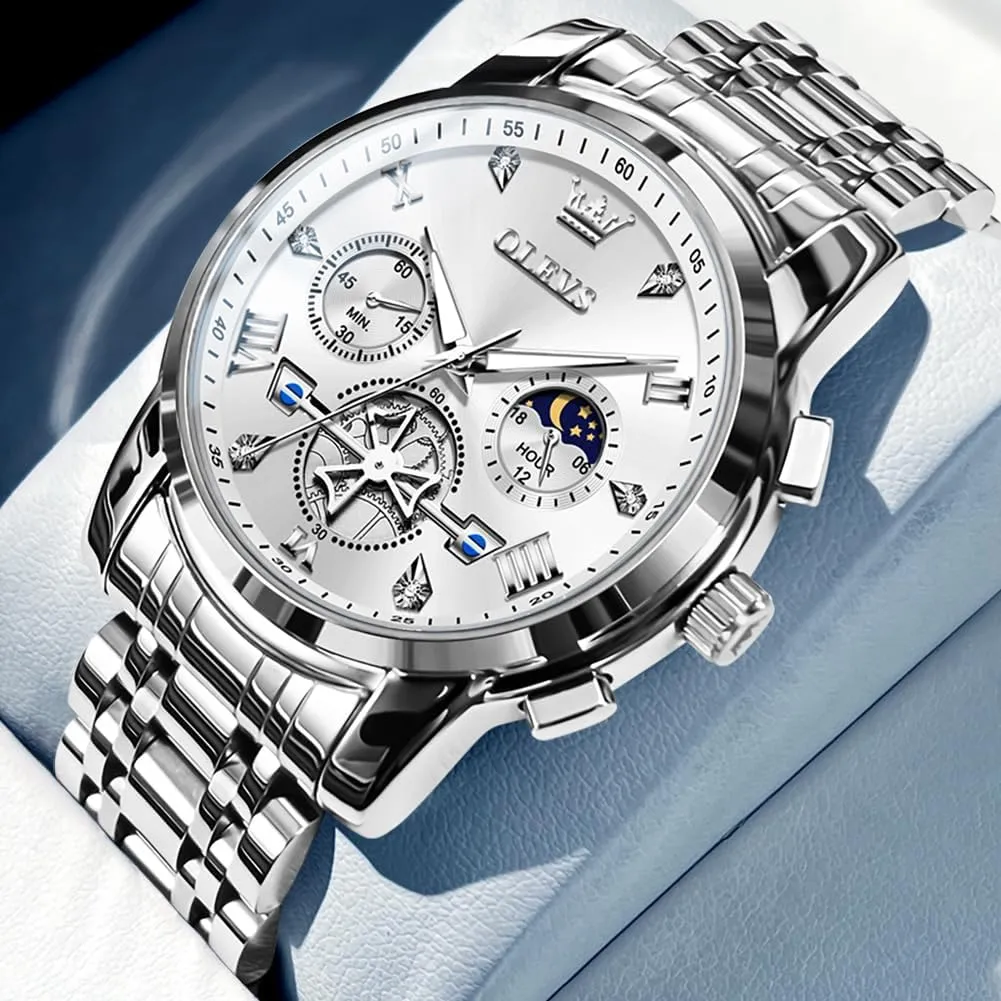 Waterproof Roman Numeral Dress Diamond Relojes para Hombre OLEVS Men Silver Watches,Men's Stainless asleep spacecraft Steel Chronograph Watch,Man Analog Quartz Big Face Male Watches Luxury 