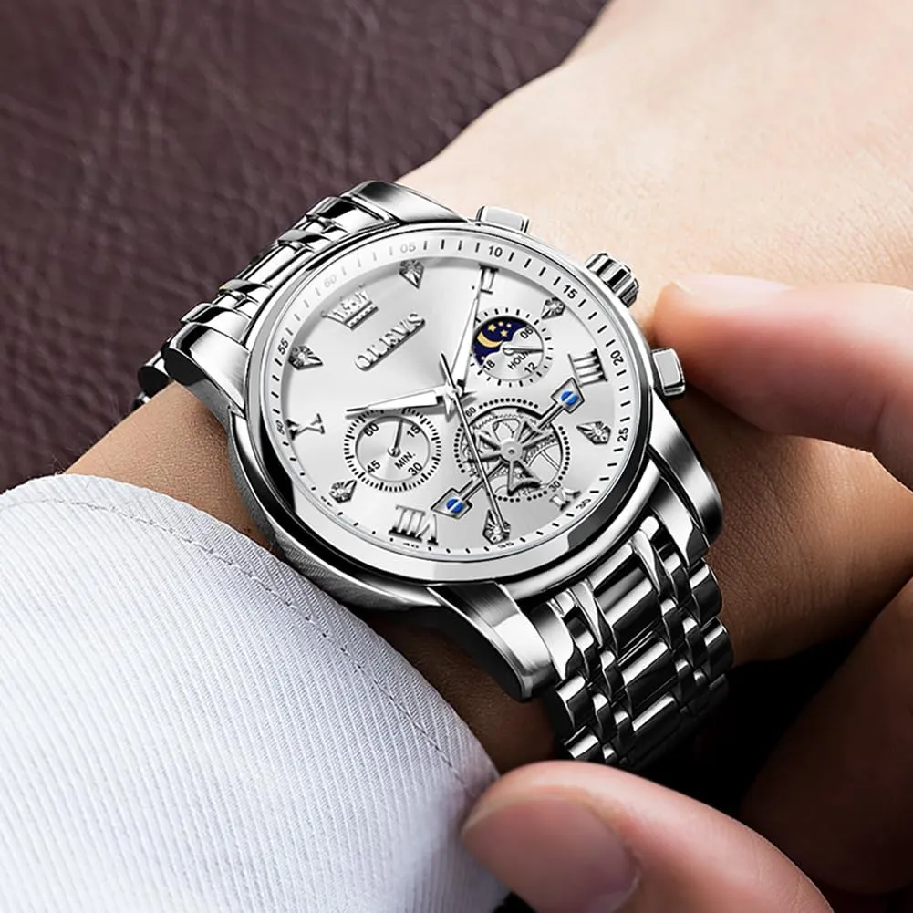 Waterproof Roman Numeral Dress Diamond Relojes para Hombre OLEVS Men Silver Watches,Men's Stainless asleep spacecraft Steel Chronograph Watch,Man Analog Quartz Big Face Male Watches Luxury 