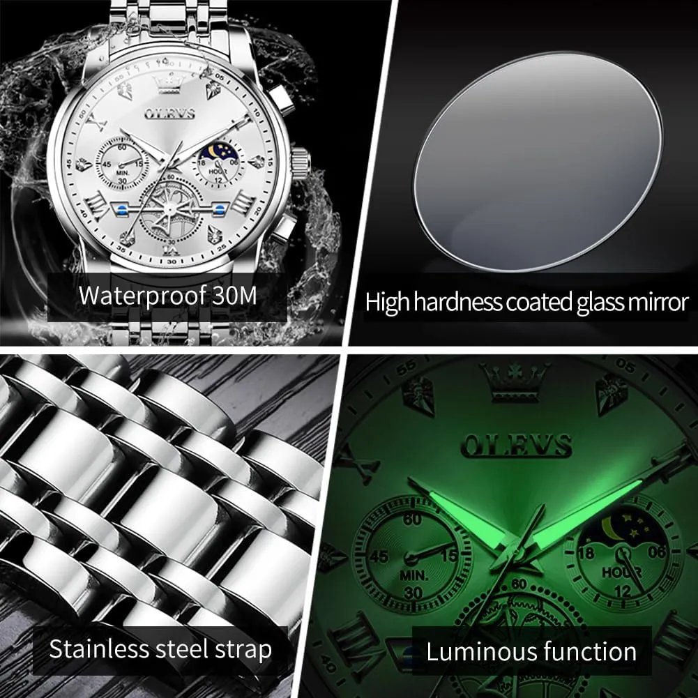 Waterproof Roman Numeral Dress Diamond Relojes para Hombre OLEVS Men Silver Watches,Men's Stainless asleep spacecraft Steel Chronograph Watch,Man Analog Quartz Big Face Male Watches Luxury 