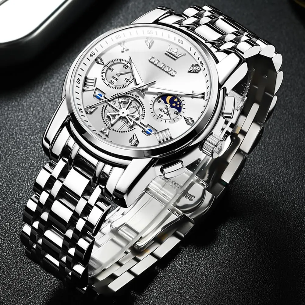 Waterproof Roman Numeral Dress Diamond Relojes para Hombre OLEVS Men Silver Watches,Men's Stainless asleep spacecraft Steel Chronograph Watch,Man Analog Quartz Big Face Male Watches Luxury 