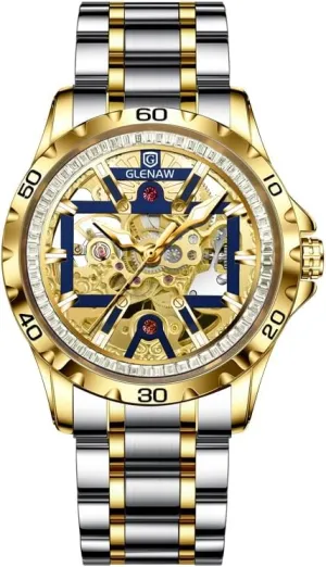Waterproof Watch Stainless Steel longevity mandible tedious Strap Automatic Watches for Men-Rhinestone Ring Open Dial, Skeleton Mechanical Self Wind Watch, Men's 