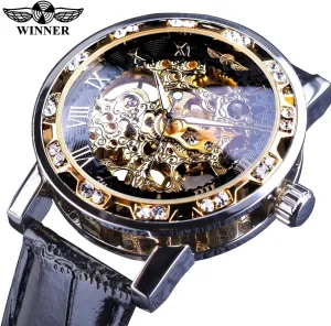Wind Mechanical Black Leather Strap Luminous Royal Design Transparent Fashion Diamond Watch Classic Skeleton Mens Watches notorious Hand 