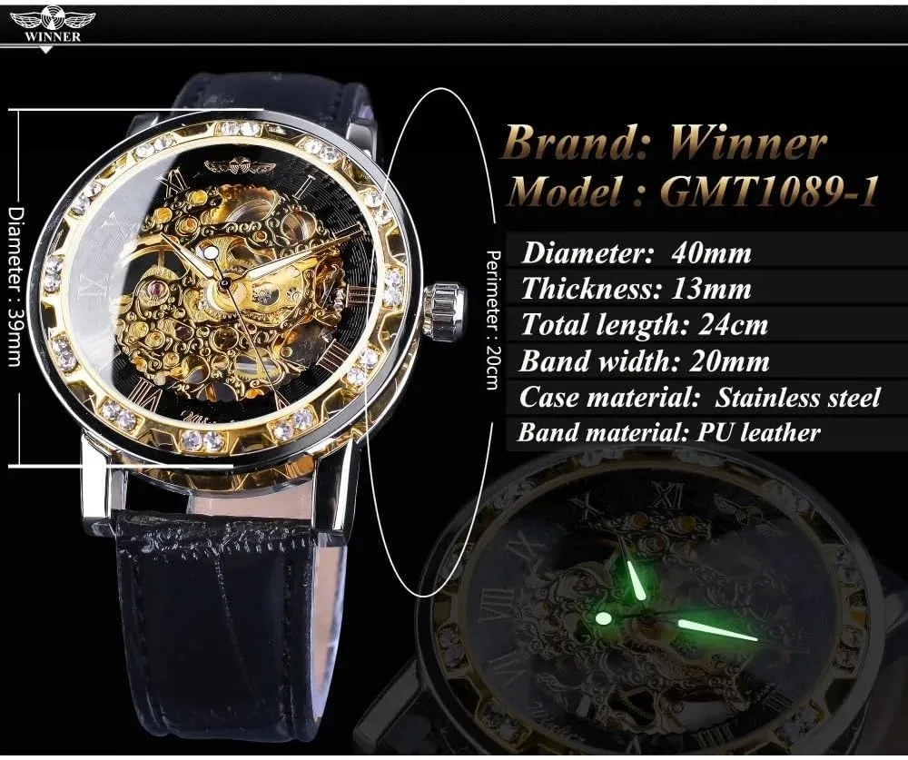 Wind Mechanical Black Leather Strap Luminous Royal Design Transparent Fashion Diamond Watch Classic Skeleton Mens Watches notorious Hand 