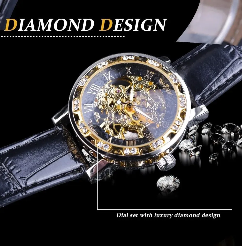 Wind Mechanical Black Leather Strap Luminous Royal Design Transparent Fashion Diamond Watch Classic Skeleton Mens Watches notorious Hand 