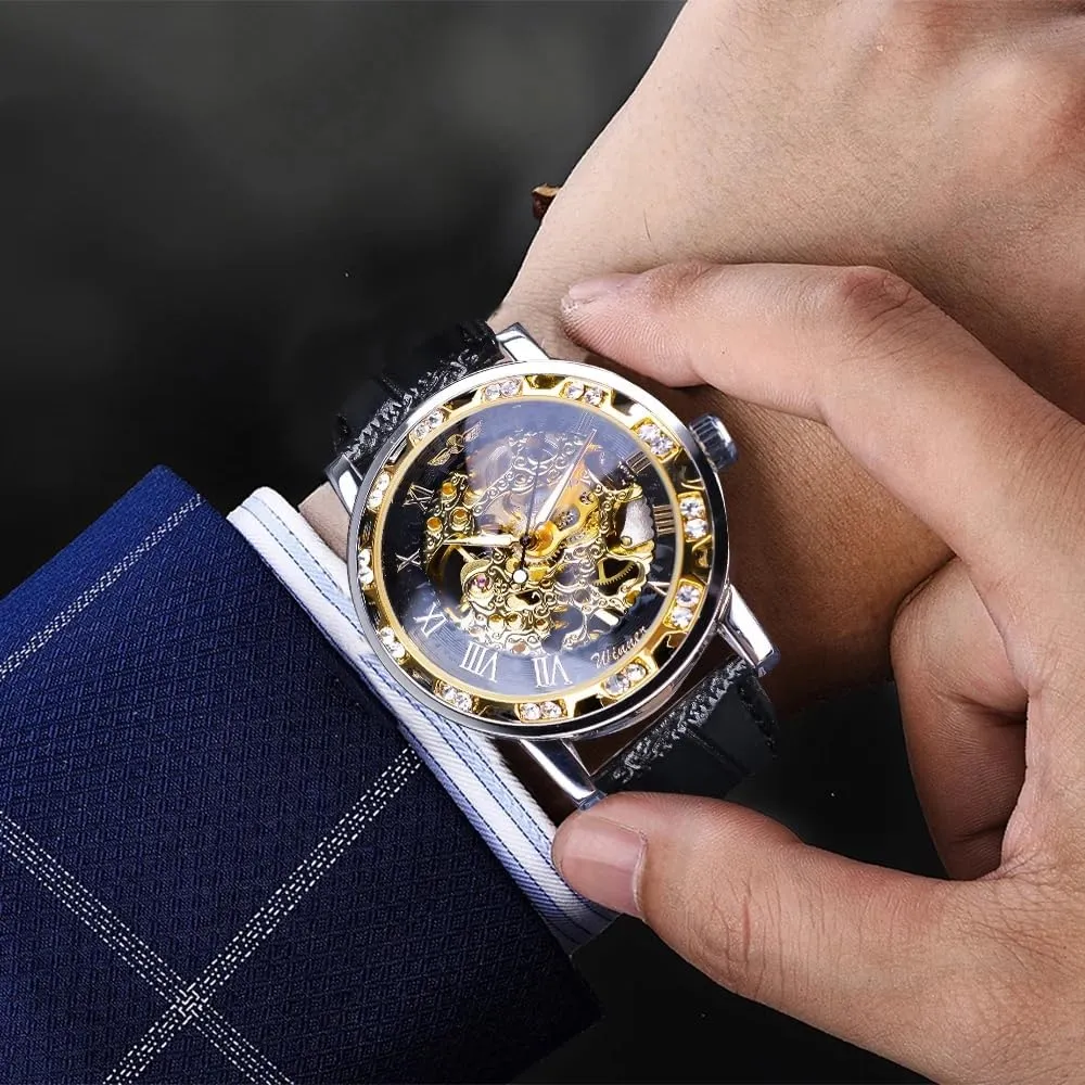 Wind Mechanical Black Leather Strap Luminous Royal Design Transparent Fashion Diamond Watch Classic Skeleton Mens Watches notorious Hand 
