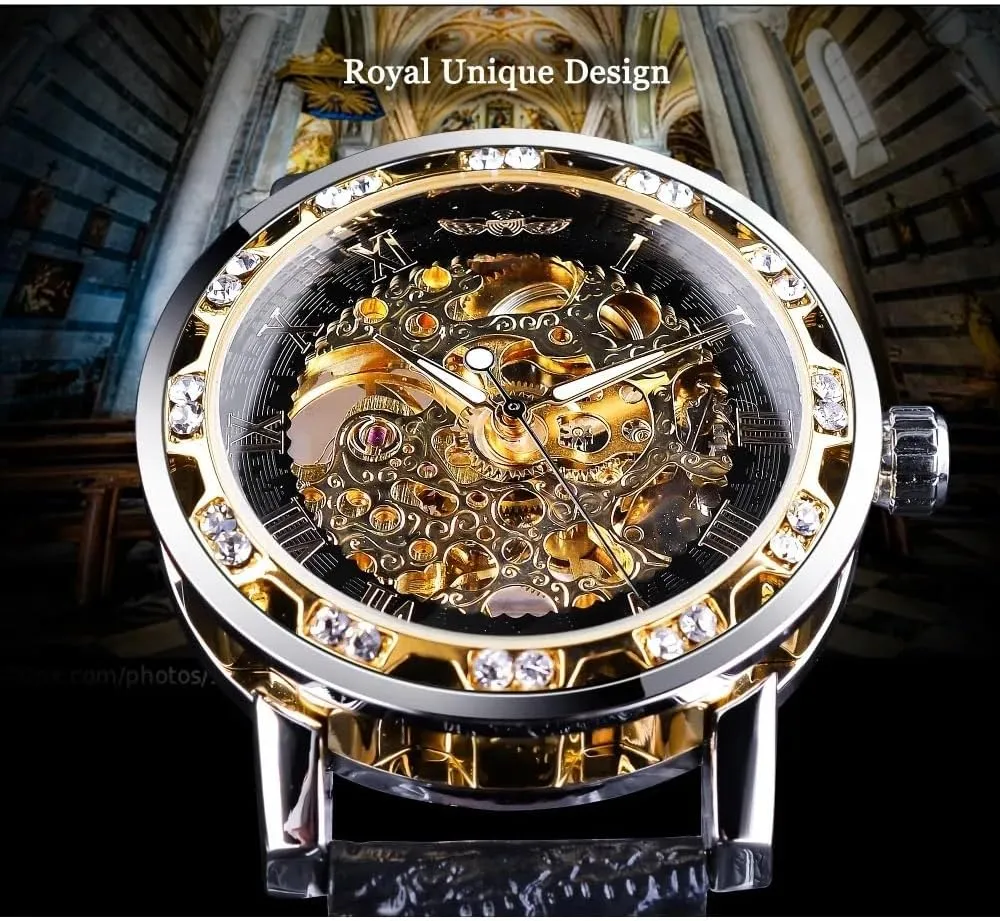 Wind Mechanical Black Leather Strap Luminous Royal Design Transparent Fashion Diamond Watch Classic Skeleton Mens Watches notorious Hand 