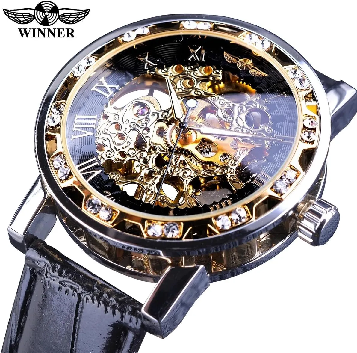 Wind Mechanical Black Leather Strap Luminous Royal Design Transparent Fashion Diamond Watch Classic Skeleton Mens Watches notorious Hand 