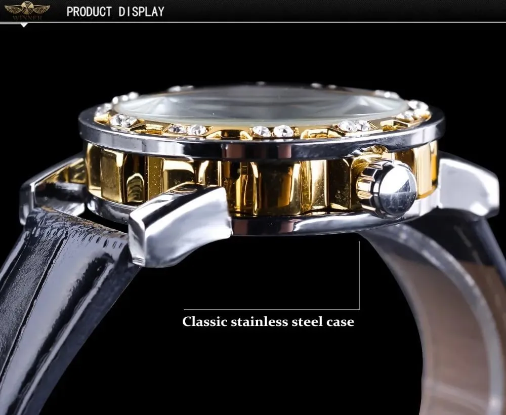 Wind Mechanical Black Leather Strap Luminous Royal Design Transparent Fashion Diamond Watch Classic Skeleton Mens Watches notorious Hand 