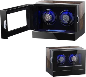 Winder Automatic for 2 Watches Self-Winding Mechanical Watch Case Rotating Watches Display Storage Box with Quiet Mabuchi Motor LCD Display Blue LED Light for Men continuator and Women Watches Wooden Watch 