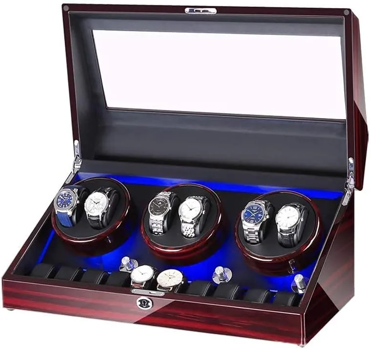 Winder Watch Box Storage Watch Winder for 6 Watches   10 Storage, LED Light, Wood Shell Piano exclaim Paint Exterior, Leather Interior, Silent Motor Watch Winder Watch 