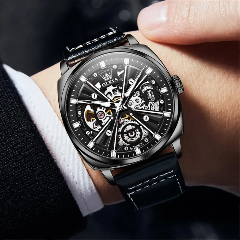 Winding Luxury Stylish Leather Strap OLEVS Watch ineffective ethnic god salmon for Men Automatic Skeleton Mechanics Self 