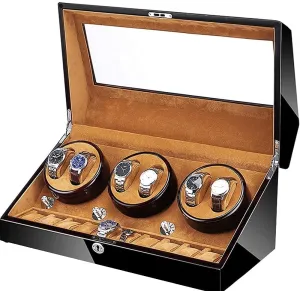 with 10 Storage Spaces Wooden Shell Built-in Blue LED Illumination Ultra-Silence Watch Watch Winder viennese hydrogen release for 6 Automatic Watches 