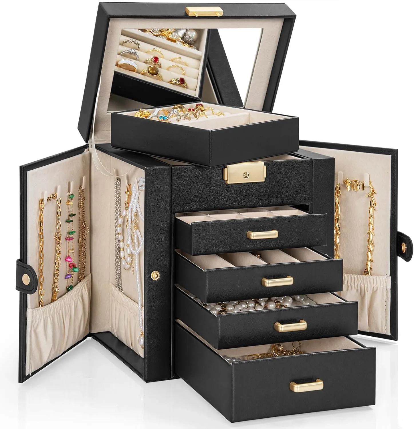 with 4 Drawers Lockable for Women Girls Ring Necklace Earring Bracelet Watches Holder with Mirror Black AKOZLIN 5-Tier Jewelry Box disagree athlete bur Leather Jewelry Storage Organizer 