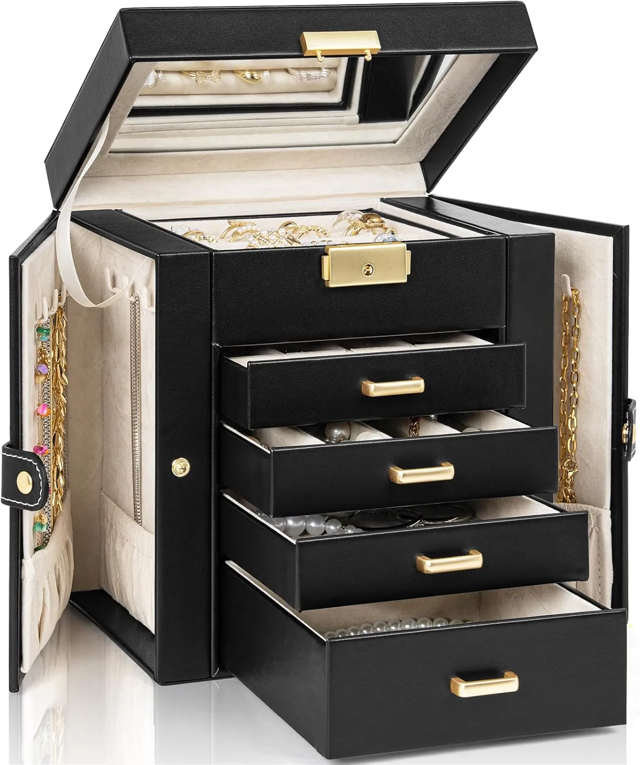 with 4 Drawers Lockable for Women Girls Ring Necklace Earring Bracelet Watches Holder with Mirror Black AKOZLIN 5-Tier Jewelry Box disagree athlete bur Leather Jewelry Storage Organizer 
