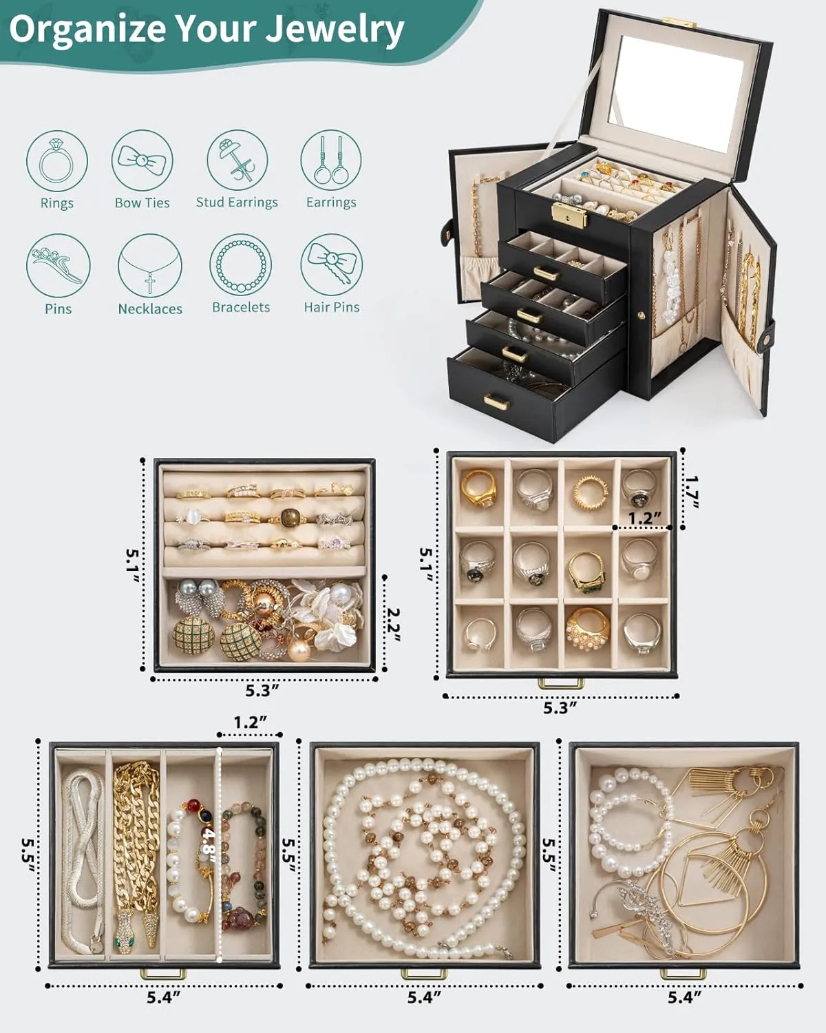 with 4 Drawers Lockable for Women Girls Ring Necklace Earring Bracelet Watches Holder with Mirror Black AKOZLIN 5-Tier Jewelry Box disagree athlete bur Leather Jewelry Storage Organizer 