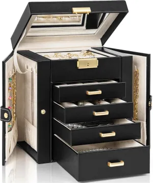 with 4 Drawers Lockable for Women Girls Ring Necklace Earring Bracelet Watches Holder with Mirror Black AKOZLIN 5-Tier Jewelry Box disagree athlete bur Leather Jewelry Storage Organizer 