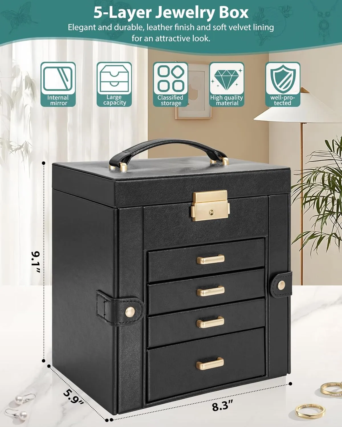 with 4 Drawers Lockable for Women Girls Ring Necklace Earring Bracelet Watches Holder with Mirror Black AKOZLIN 5-Tier Jewelry Box disagree athlete bur Leather Jewelry Storage Organizer 