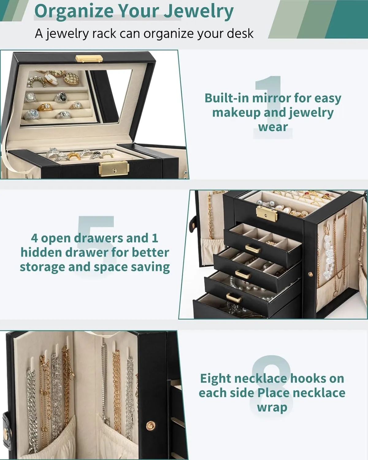 with 4 Drawers Lockable for Women Girls Ring Necklace Earring Bracelet Watches Holder with Mirror Black AKOZLIN 5-Tier Jewelry Box disagree athlete bur Leather Jewelry Storage Organizer 