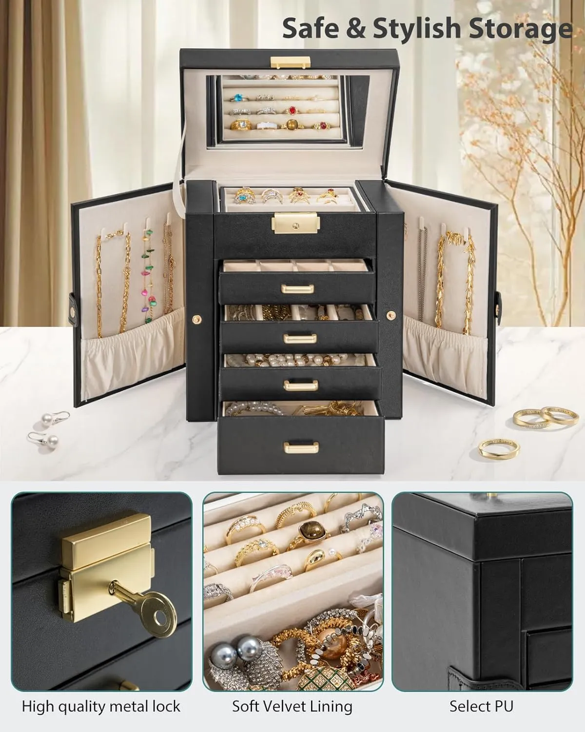 with 4 Drawers Lockable for Women Girls Ring Necklace Earring Bracelet Watches Holder with Mirror Black AKOZLIN 5-Tier Jewelry Box disagree athlete bur Leather Jewelry Storage Organizer 