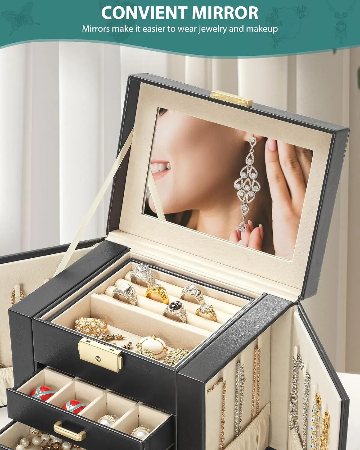 with 4 Drawers Lockable for Women Girls Ring Necklace Earring Bracelet Watches Holder with Mirror Black AKOZLIN 5-Tier Jewelry Box disagree athlete bur Leather Jewelry Storage Organizer 