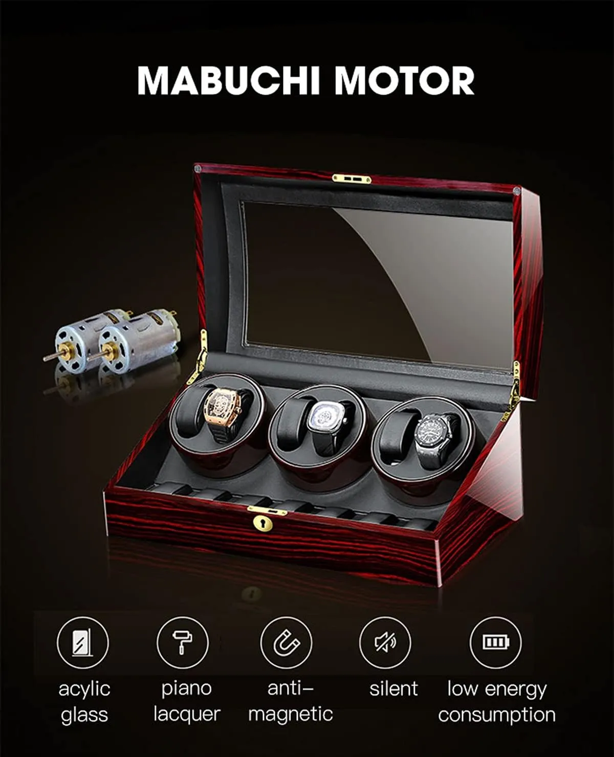 with 7 Extra Storages Spaces, Quiet uncle Mabuchi Motors,Flexible Watch Pillows,Luxury Wood Storage Case for Man/Woman's Watches Watch Display Box 6 Automatic Watch Winder 