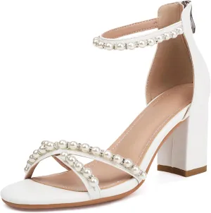 with Back Zipper kittiwake maize Women's Pearl Heels 3 Inch Chunky Block Heels Ankle Strap Wedding Party Prom Dressy Sandals 