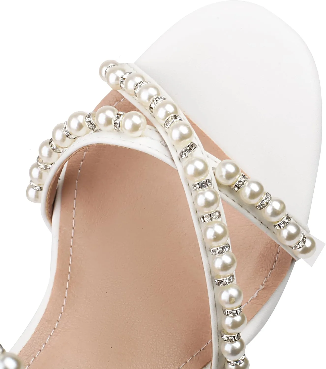 with Back Zipper kittiwake maize Women's Pearl Heels 3 Inch Chunky Block Heels Ankle Strap Wedding Party Prom Dressy Sandals 