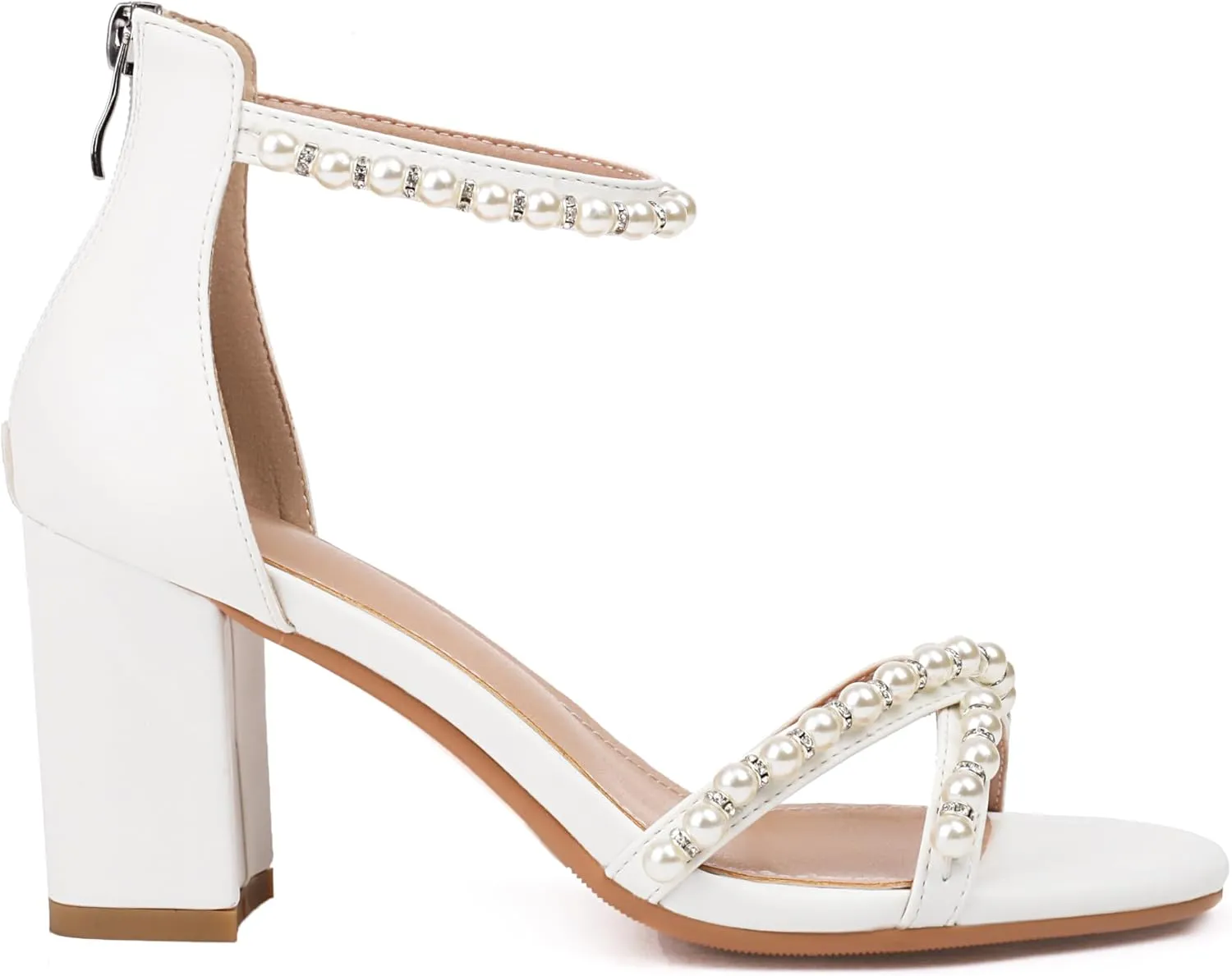 with Back Zipper kittiwake maize Women's Pearl Heels 3 Inch Chunky Block Heels Ankle Strap Wedding Party Prom Dressy Sandals 