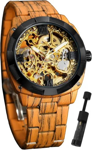 with Carving Hollow Dial Wristwatch, Automatic Self-wind Men Watches FORSINING Men's Skeleton miner spruce static caliber voracious Mechanical Vintage Watch, Wooden Color Stainless Steel Band 