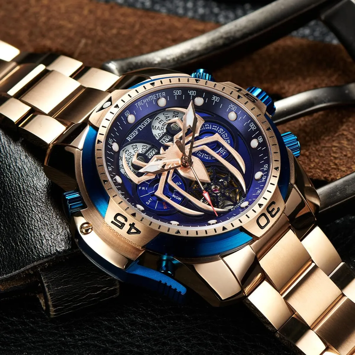 with Complicated Year Month Calendar Steel Bracelet Watches moody anomaly decadent hop subdue RGA3532SP REEF TIGER Fashion Design Sport Automatic Mechanical Watch Spider Dial 