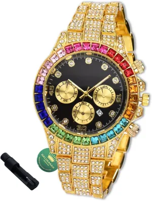 with Cuban Link Chain,with Adjuster Tool - for Birthday healing classical Halukakah Diamonds Watch Iced Out for Boy Teens Kids - 18K Real Gold/Platinum Plated,40mm Black Dial,Japanese Quartz - 7.3" Length - Optional 