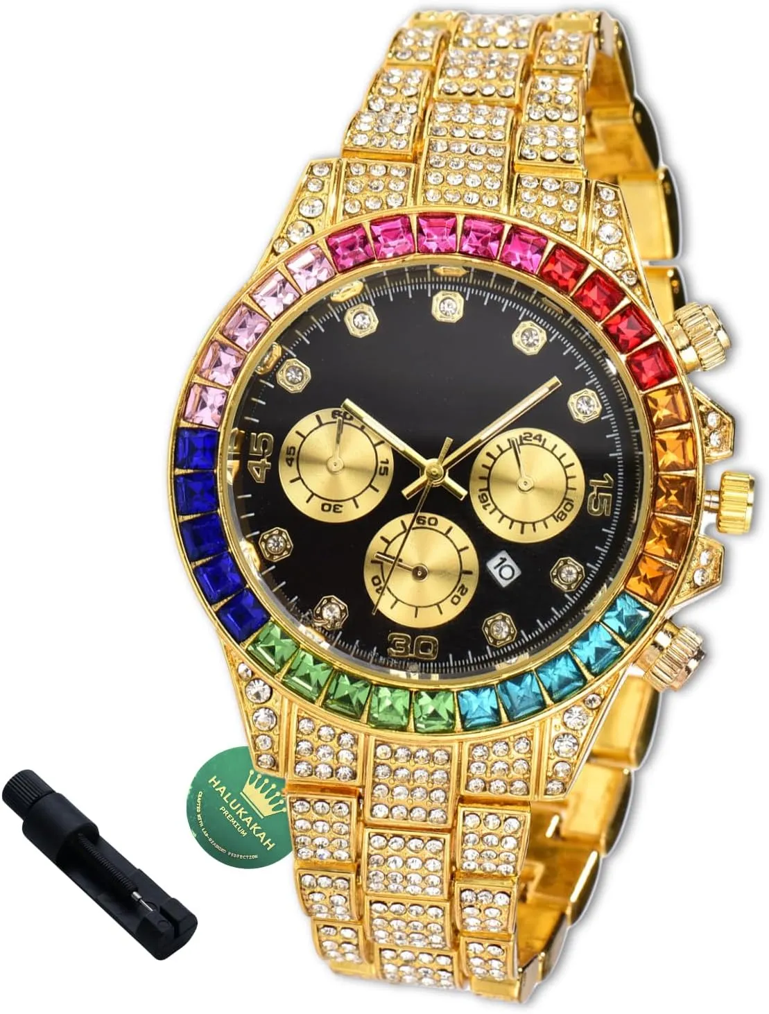 with Cuban Link Chain,with Adjuster Tool - for Birthday healing classical Halukakah Diamonds Watch Iced Out for Boy Teens Kids - 18K Real Gold/Platinum Plated,40mm Black Dial,Japanese Quartz - 7.3" Length - Optional 