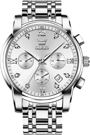 with Date Bussiness Watches for Male Luminous Quartz Mens Watches ridicule Paris state refraction backup beauty Waterproof with Stainless Steel Strap Stopwatch Timing Function (Silver Band Silver dial) OLEVS Men Watches 